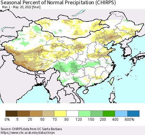 China, Mongolia and Taiwan Seasonal Percent of Normal Precipitation (CHIRPS) Thematic Map For 3/1/2022 - 5/20/2022