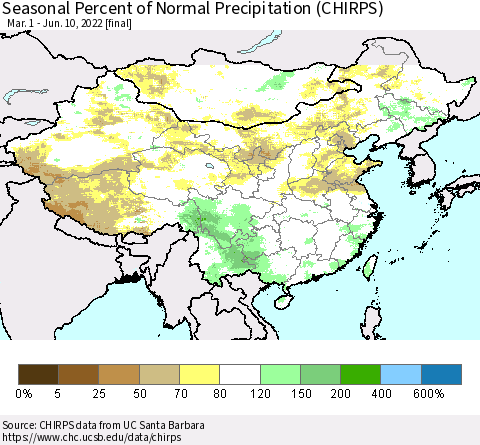 China, Mongolia and Taiwan Seasonal Percent of Normal Precipitation (CHIRPS) Thematic Map For 3/1/2022 - 6/10/2022