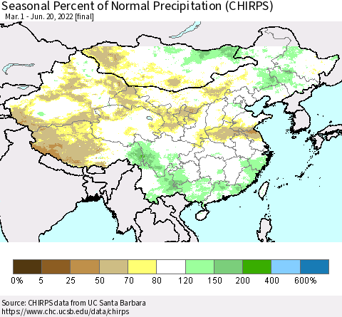 China, Mongolia and Taiwan Seasonal Percent of Normal Precipitation (CHIRPS) Thematic Map For 3/1/2022 - 6/20/2022