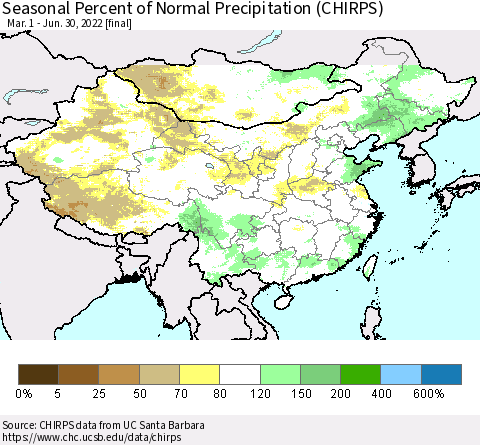 China, Mongolia and Taiwan Seasonal Percent of Normal Precipitation (CHIRPS) Thematic Map For 3/1/2022 - 6/30/2022