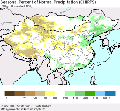 China, Mongolia and Taiwan Seasonal Percent of Normal Precipitation (CHIRPS) Thematic Map For 3/1/2022 - 7/10/2022