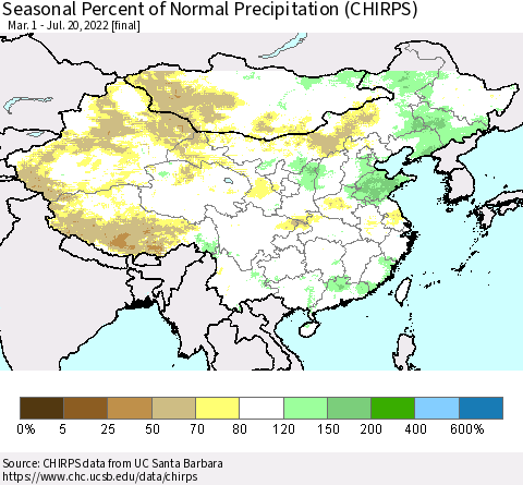 China, Mongolia and Taiwan Seasonal Percent of Normal Precipitation (CHIRPS) Thematic Map For 3/1/2022 - 7/20/2022