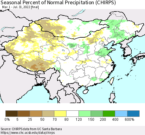 China, Mongolia and Taiwan Seasonal Percent of Normal Precipitation (CHIRPS) Thematic Map For 3/1/2022 - 7/31/2022