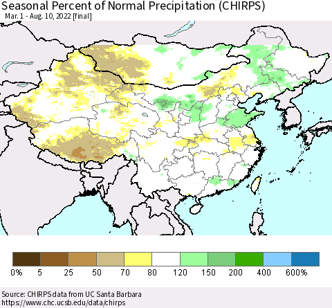 China, Mongolia and Taiwan Seasonal Percent of Normal Precipitation (CHIRPS) Thematic Map For 3/1/2022 - 8/10/2022