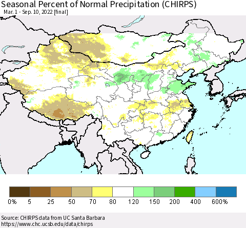 China, Mongolia and Taiwan Seasonal Percent of Normal Precipitation (CHIRPS) Thematic Map For 3/1/2022 - 9/10/2022