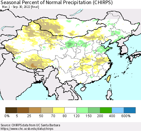 China, Mongolia and Taiwan Seasonal Percent of Normal Precipitation (CHIRPS) Thematic Map For 3/1/2022 - 9/30/2022