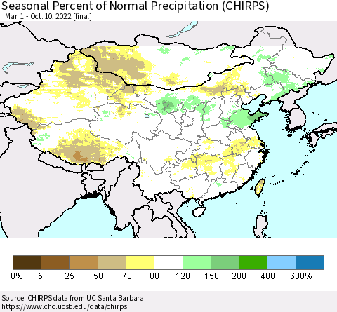 China, Mongolia and Taiwan Seasonal Percent of Normal Precipitation (CHIRPS) Thematic Map For 3/1/2022 - 10/10/2022