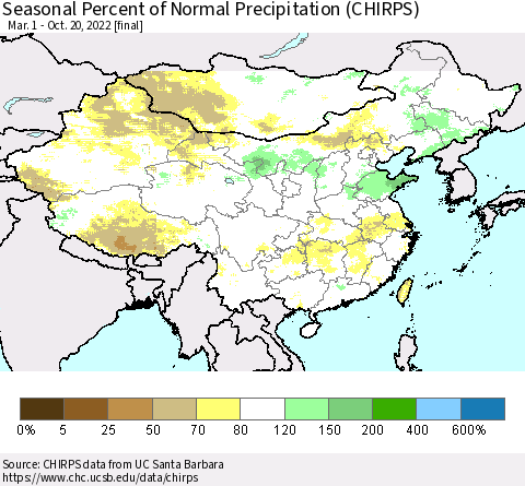 China, Mongolia and Taiwan Seasonal Percent of Normal Precipitation (CHIRPS) Thematic Map For 3/1/2022 - 10/20/2022