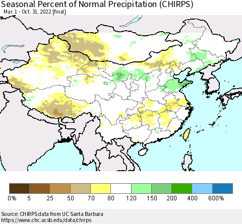 China, Mongolia and Taiwan Seasonal Percent of Normal Precipitation (CHIRPS) Thematic Map For 3/1/2022 - 10/31/2022