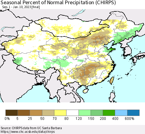 China, Mongolia and Taiwan Seasonal Percent of Normal Precipitation (CHIRPS) Thematic Map For 9/1/2022 - 1/10/2023
