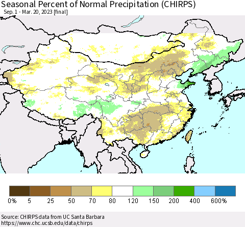 China, Mongolia and Taiwan Seasonal Percent of Normal Precipitation (CHIRPS) Thematic Map For 9/1/2022 - 3/20/2023