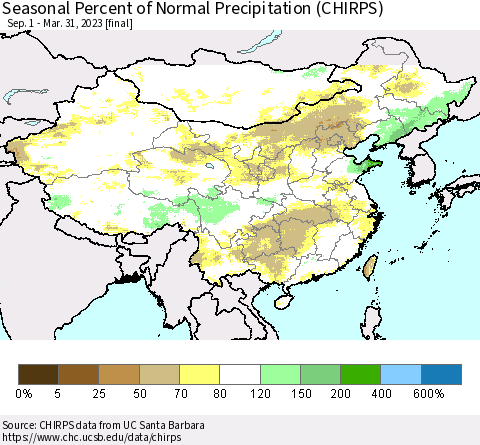China, Mongolia and Taiwan Seasonal Percent of Normal Precipitation (CHIRPS) Thematic Map For 9/1/2022 - 3/31/2023