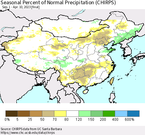 China, Mongolia and Taiwan Seasonal Percent of Normal Precipitation (CHIRPS) Thematic Map For 9/1/2022 - 4/10/2023