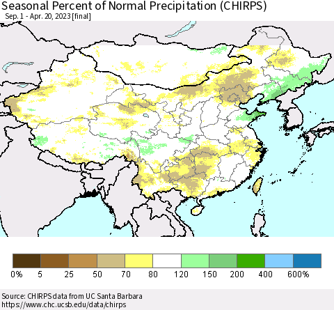 China, Mongolia and Taiwan Seasonal Percent of Normal Precipitation (CHIRPS) Thematic Map For 9/1/2022 - 4/20/2023