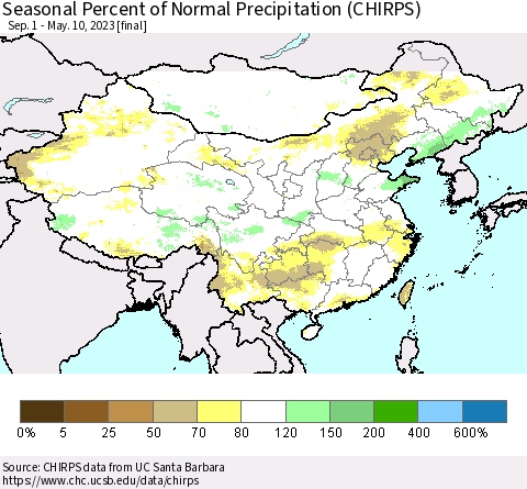 China, Mongolia and Taiwan Seasonal Percent of Normal Precipitation (CHIRPS) Thematic Map For 9/1/2022 - 5/10/2023