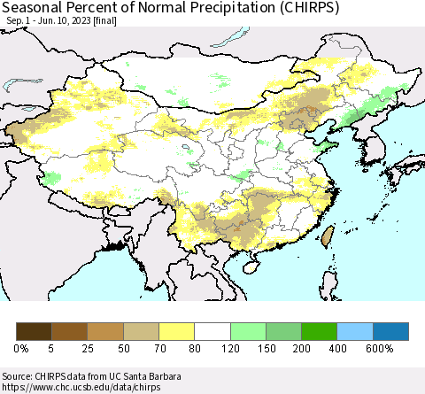 China, Mongolia and Taiwan Seasonal Percent of Normal Precipitation (CHIRPS) Thematic Map For 9/1/2022 - 6/10/2023