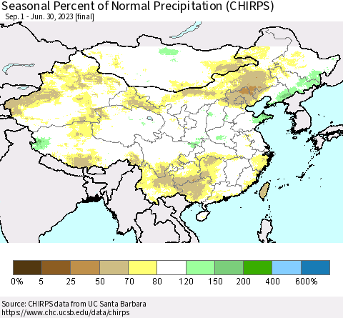 China, Mongolia and Taiwan Seasonal Percent of Normal Precipitation (CHIRPS) Thematic Map For 9/1/2022 - 6/30/2023