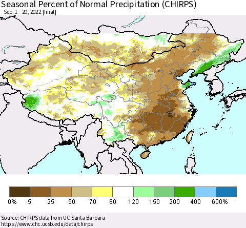 China, Mongolia and Taiwan Seasonal Percent of Normal Precipitation (CHIRPS) Thematic Map For 9/1/2022 - 9/20/2022