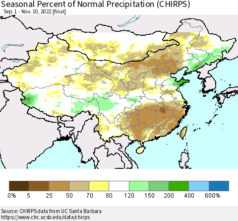 China, Mongolia and Taiwan Seasonal Percent of Normal Precipitation (CHIRPS) Thematic Map For 9/1/2022 - 11/10/2022
