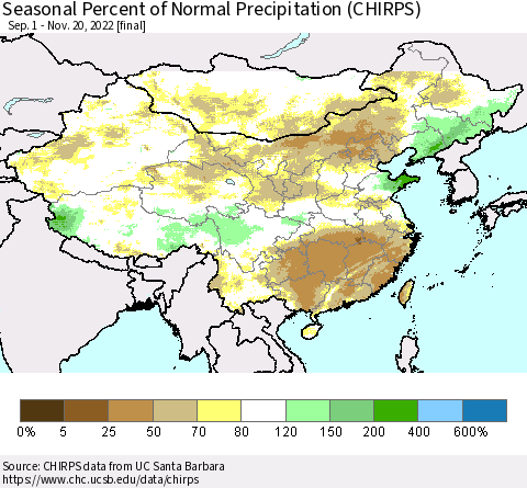 China, Mongolia and Taiwan Seasonal Percent of Normal Precipitation (CHIRPS) Thematic Map For 9/1/2022 - 11/20/2022