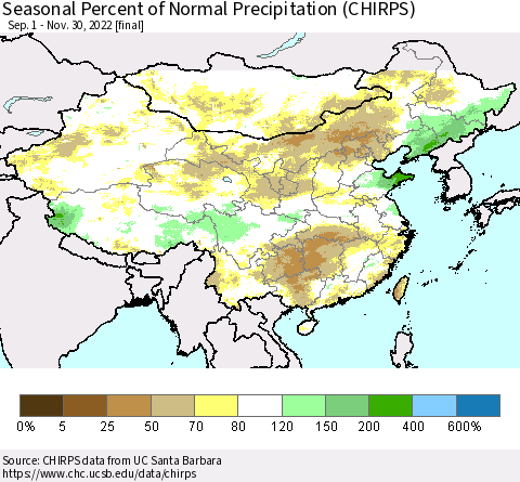 China, Mongolia and Taiwan Seasonal Percent of Normal Precipitation (CHIRPS) Thematic Map For 9/1/2022 - 11/30/2022