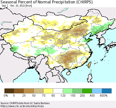 China, Mongolia and Taiwan Seasonal Percent of Normal Precipitation (CHIRPS) Thematic Map For 9/1/2022 - 12/10/2022