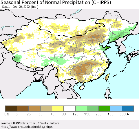 China, Mongolia and Taiwan Seasonal Percent of Normal Precipitation (CHIRPS) Thematic Map For 9/1/2022 - 12/20/2022