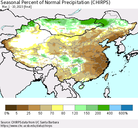 China, Mongolia and Taiwan Seasonal Percent of Normal Precipitation (CHIRPS) Thematic Map For 3/1/2023 - 3/10/2023