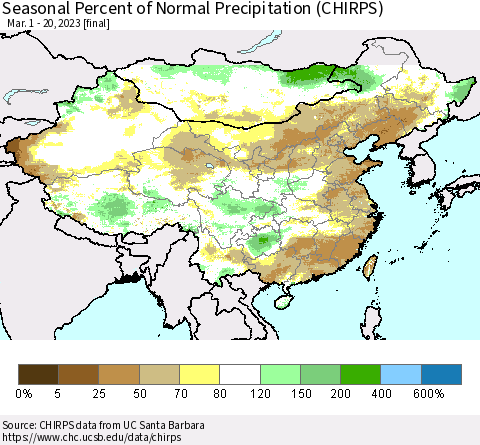 China, Mongolia and Taiwan Seasonal Percent of Normal Precipitation (CHIRPS) Thematic Map For 3/1/2023 - 3/20/2023