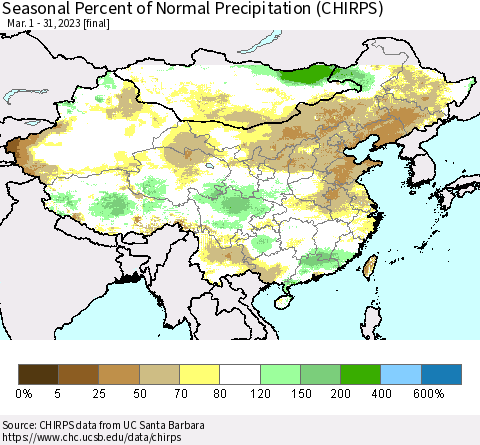 China, Mongolia and Taiwan Seasonal Percent of Normal Precipitation (CHIRPS) Thematic Map For 3/1/2023 - 3/31/2023