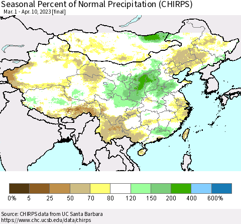 China, Mongolia and Taiwan Seasonal Percent of Normal Precipitation (CHIRPS) Thematic Map For 3/1/2023 - 4/10/2023