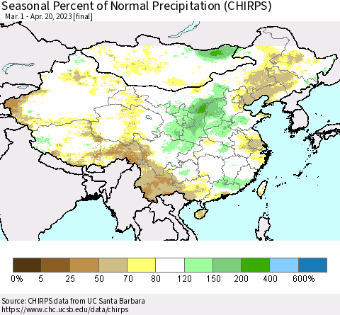 China, Mongolia and Taiwan Seasonal Percent of Normal Precipitation (CHIRPS) Thematic Map For 3/1/2023 - 4/20/2023