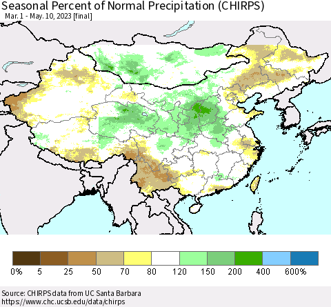 China, Mongolia and Taiwan Seasonal Percent of Normal Precipitation (CHIRPS) Thematic Map For 3/1/2023 - 5/10/2023