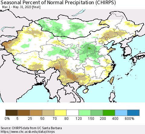 China, Mongolia and Taiwan Seasonal Percent of Normal Precipitation (CHIRPS) Thematic Map For 3/1/2023 - 5/31/2023