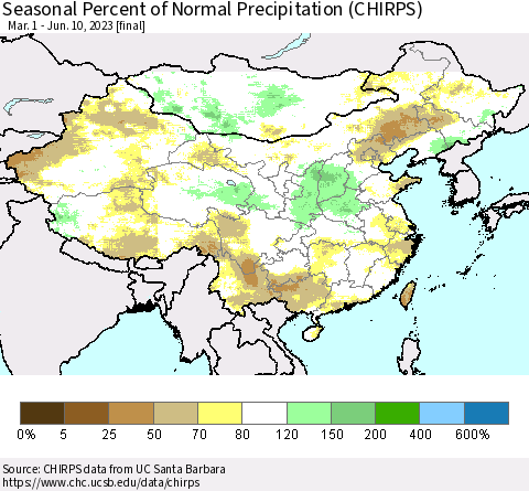 China, Mongolia and Taiwan Seasonal Percent of Normal Precipitation (CHIRPS) Thematic Map For 3/1/2023 - 6/10/2023