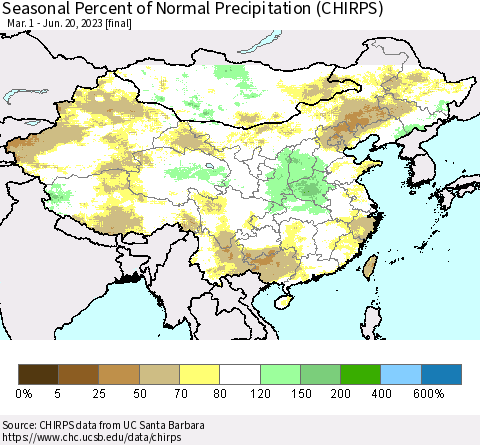 China, Mongolia and Taiwan Seasonal Percent of Normal Precipitation (CHIRPS) Thematic Map For 3/1/2023 - 6/20/2023