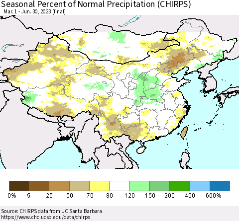 China, Mongolia and Taiwan Seasonal Percent of Normal Precipitation (CHIRPS) Thematic Map For 3/1/2023 - 6/30/2023