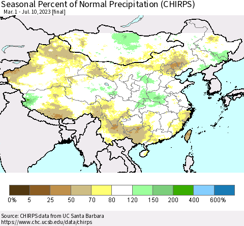 China, Mongolia and Taiwan Seasonal Percent of Normal Precipitation (CHIRPS) Thematic Map For 3/1/2023 - 7/10/2023