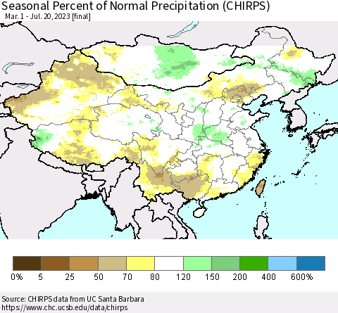 China, Mongolia and Taiwan Seasonal Percent of Normal Precipitation (CHIRPS) Thematic Map For 3/1/2023 - 7/20/2023