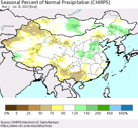 China, Mongolia and Taiwan Seasonal Percent of Normal Precipitation (CHIRPS) Thematic Map For 3/1/2023 - 7/31/2023