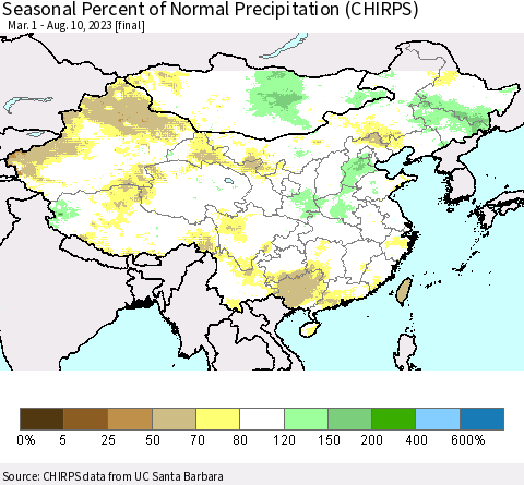 China, Mongolia and Taiwan Seasonal Percent of Normal Precipitation (CHIRPS) Thematic Map For 3/1/2023 - 8/10/2023
