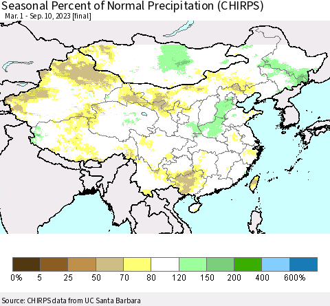 China, Mongolia and Taiwan Seasonal Percent of Normal Precipitation (CHIRPS) Thematic Map For 3/1/2023 - 9/10/2023