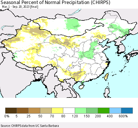 China, Mongolia and Taiwan Seasonal Percent of Normal Precipitation (CHIRPS) Thematic Map For 3/1/2023 - 9/20/2023