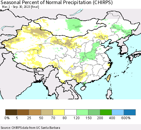 China, Mongolia and Taiwan Seasonal Percent of Normal Precipitation (CHIRPS) Thematic Map For 3/1/2023 - 9/30/2023
