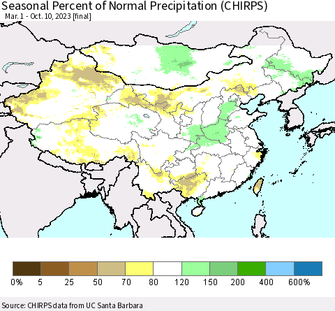 China, Mongolia and Taiwan Seasonal Percent of Normal Precipitation (CHIRPS) Thematic Map For 3/1/2023 - 10/10/2023