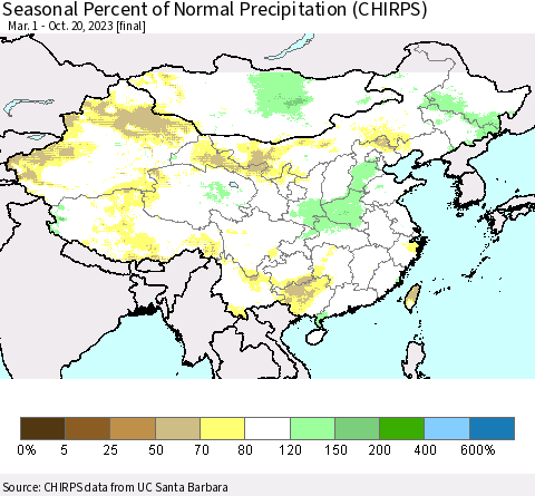 China, Mongolia and Taiwan Seasonal Percent of Normal Precipitation (CHIRPS) Thematic Map For 3/1/2023 - 10/20/2023