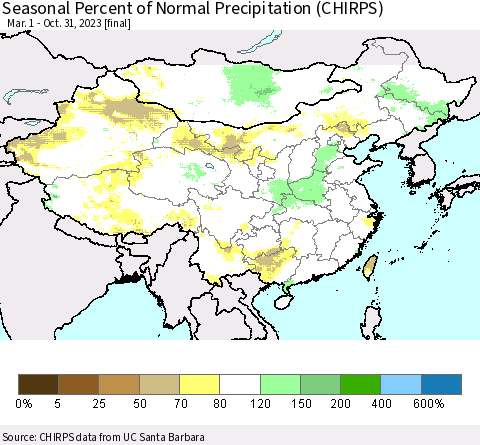China, Mongolia and Taiwan Seasonal Percent of Normal Precipitation (CHIRPS) Thematic Map For 3/1/2023 - 10/31/2023