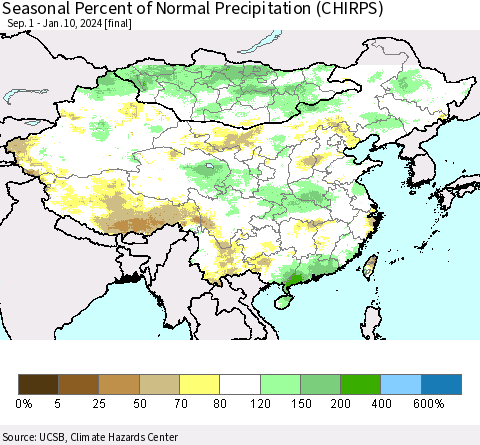 China, Mongolia and Taiwan Seasonal Percent of Normal Precipitation (CHIRPS) Thematic Map For 9/1/2023 - 1/10/2024
