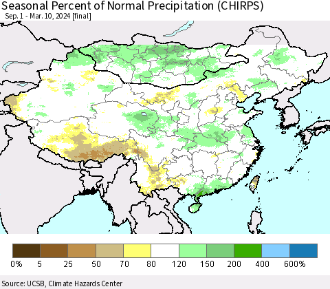 China, Mongolia and Taiwan Seasonal Percent of Normal Precipitation (CHIRPS) Thematic Map For 9/1/2023 - 3/10/2024
