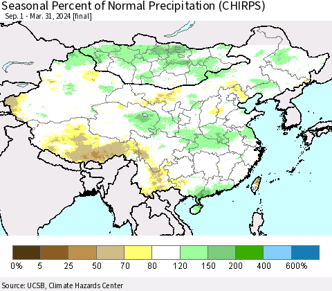 China, Mongolia and Taiwan Seasonal Percent of Normal Precipitation (CHIRPS) Thematic Map For 9/1/2023 - 3/31/2024